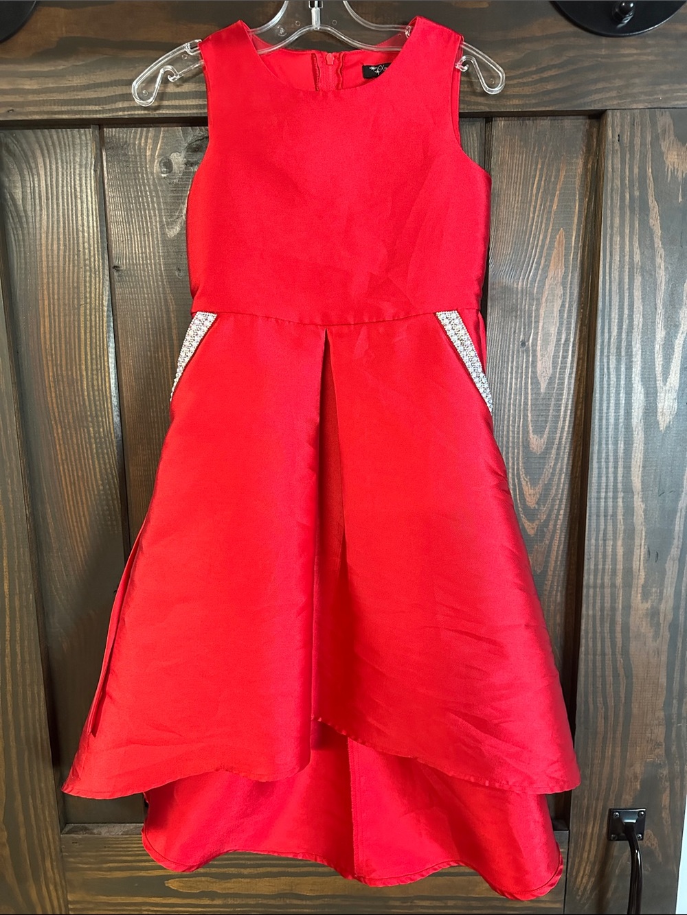 Xtraordinary Red Sleeveless High-Low Party Dress with Crystal Trim